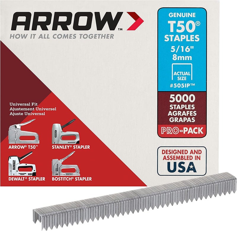 Arrow Fastener دبابيس Arrow Fastener 505IP الثقيلة T50 للتنجيد، البناء، الأثاث، الحرف، حجم تاج 3/8 بوصة، طول الساق 5/16 بوصة، عبوة 5000، مصنوعة في الولايات المتحدة الأمريكية - Image 4